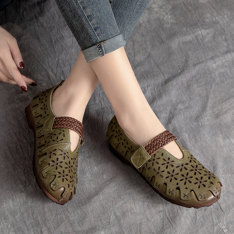 Ellen™ | Handgjorda Mary Janes i Naturläder med Blommiga Detaljer