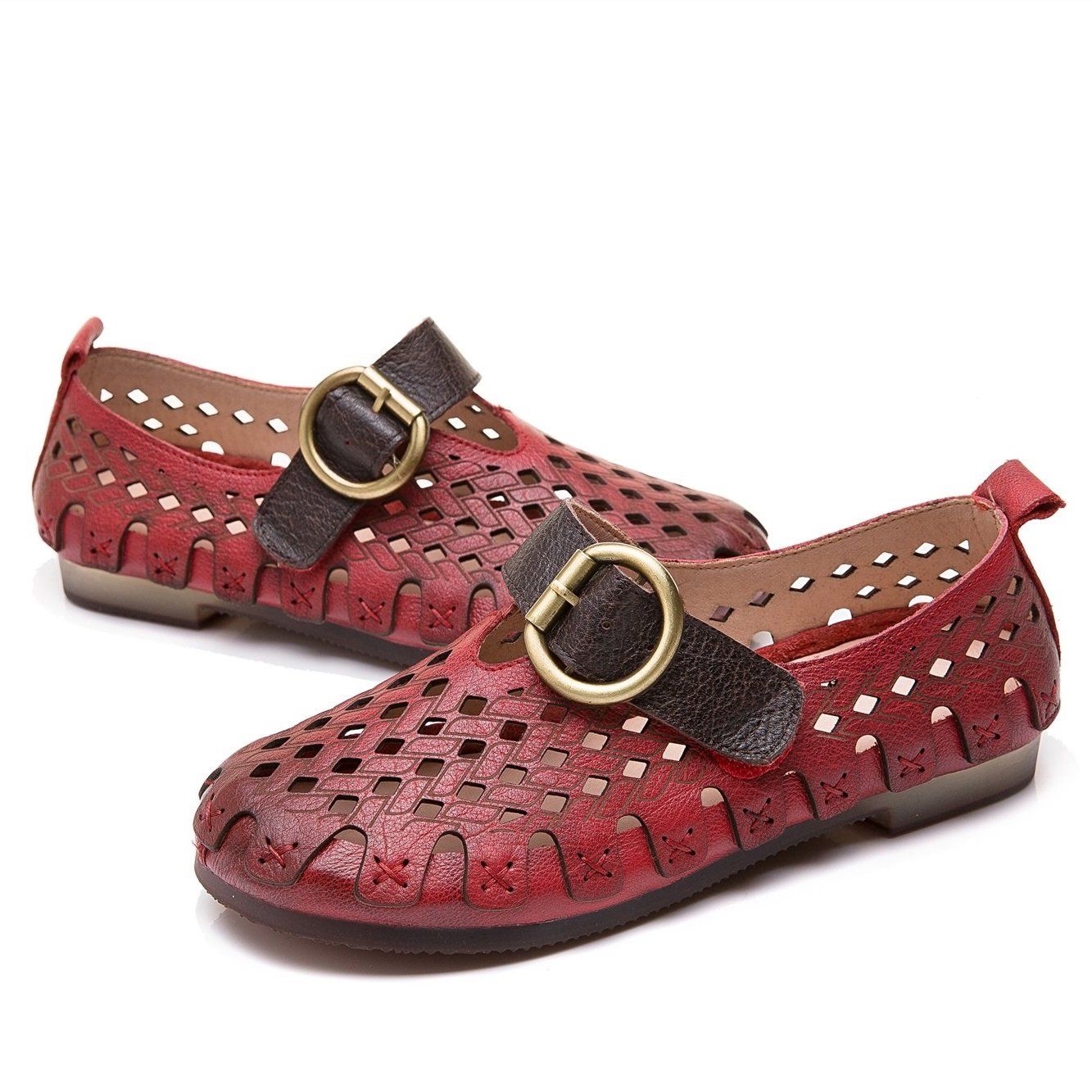 Ellen™ | Handgjorda Mary Janes i Naturläder med Blommiga Detaljer
