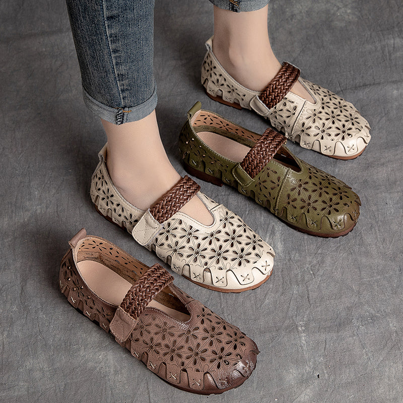 Ellen™ | Handgjorda Mary Janes i Naturläder med Blommiga Detaljer