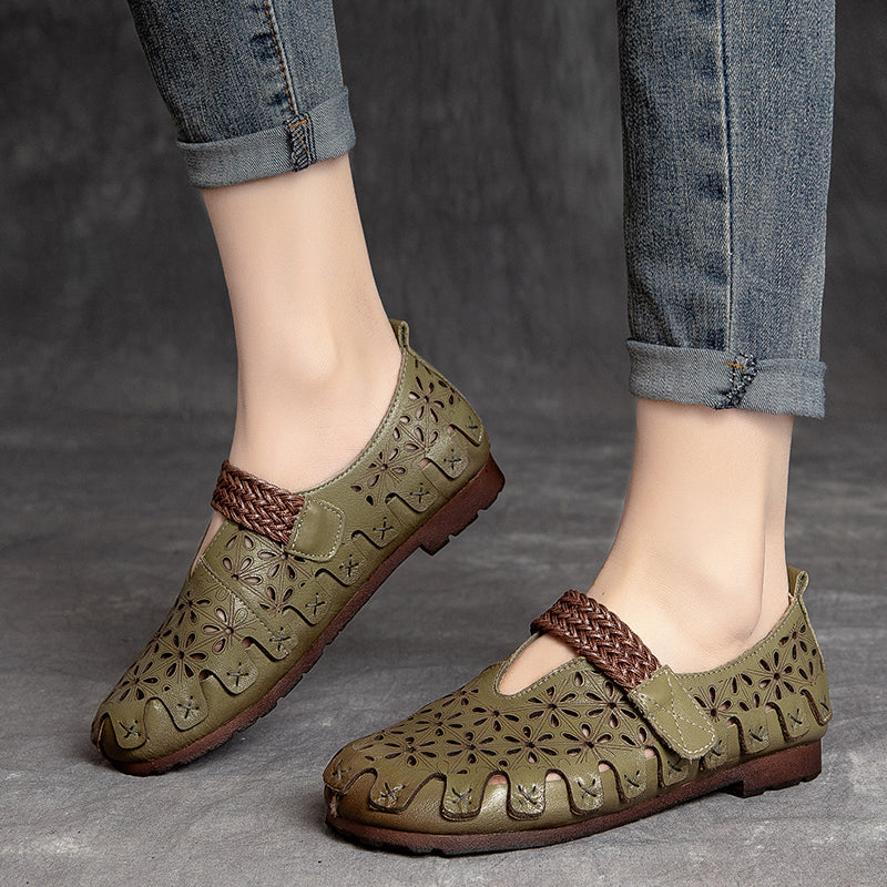 Ellen™ | Handgjorda Mary Janes i Naturläder med Blommiga Detaljer