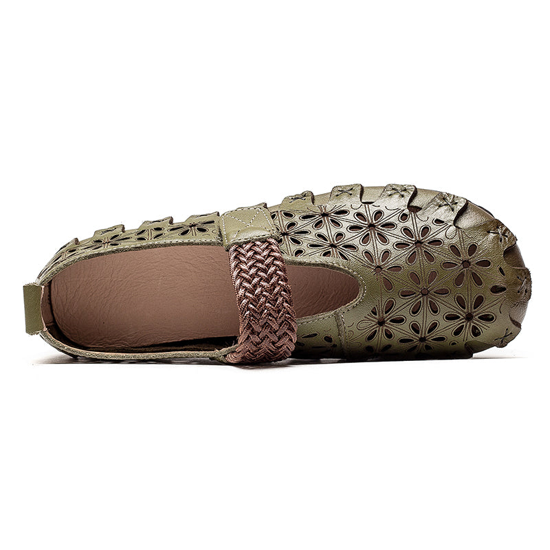 Ellen™ | Handgjorda Mary Janes i Naturläder med Blommiga Detaljer