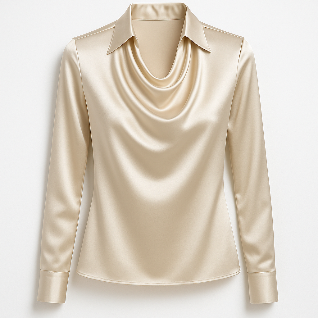 Maj | Glansig blus med plisserad hals – chic och tidlös