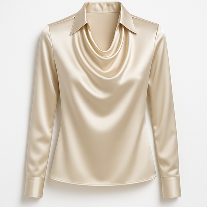 Maj | Glansig blus med plisserad hals – chic och tidlös