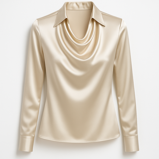 Maj | Glansig blus med plisserad hals – chic och tidlös