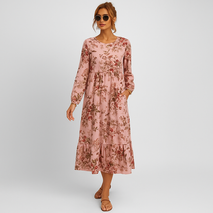 Elvira™ | Ljusrosa med blommönster - Boho klänning