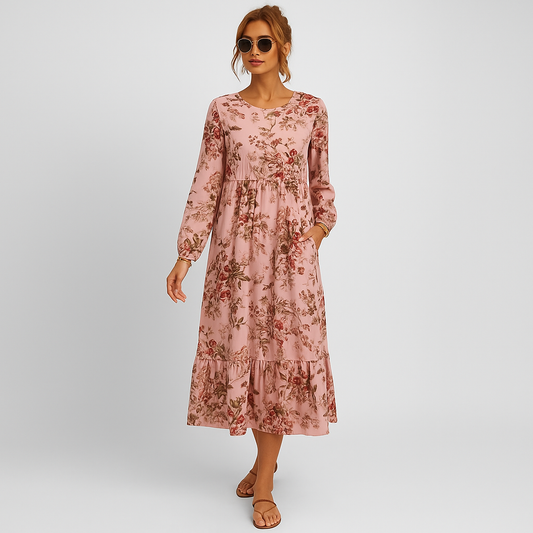 Elvira™ | Ljusrosa med blommönster - Boho klänning