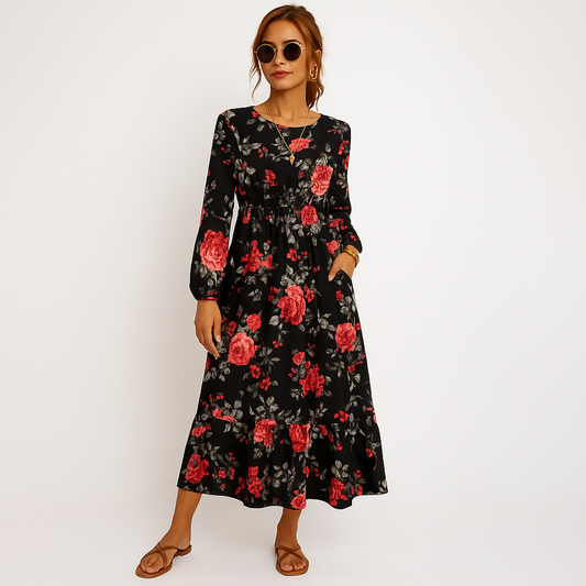 Hedda™ | Blommig Svart Elegans - Boho klänning