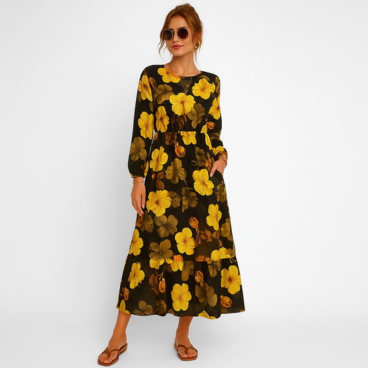 Juni™ | Svart med Guldblommor - Boho klänning