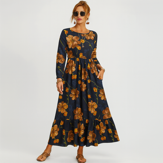 Lova™ | Midnattsblå med Höstblom - Boho klänning
