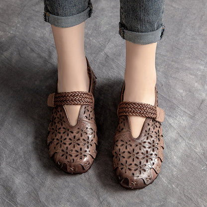 Ellen™ | Handgjorda Mary Janes i Naturläder med Blommiga Detaljer